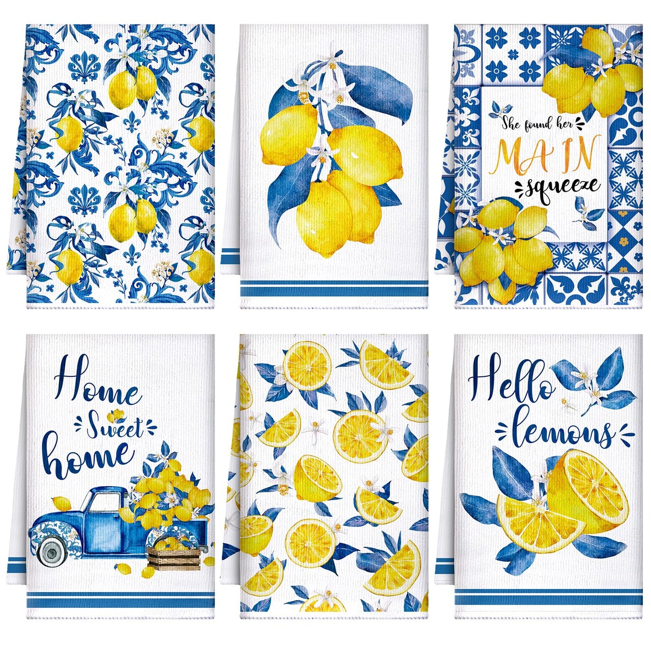 Sratte 6 Pcs Lemon Kitchen Towels 24 x 16 Inch Capri Tiles Lemon Tea Dishtowels Farmhouse Absorbent Blue Yellow Hand Bathroom Towel for Holiday Kitchen Bathroom Amalfi Coast Party Decor Gifts